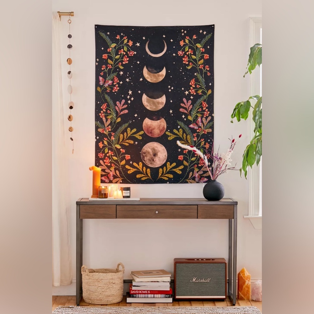 Bohemian Moon Phase Wall Tapestry in Black and Floral